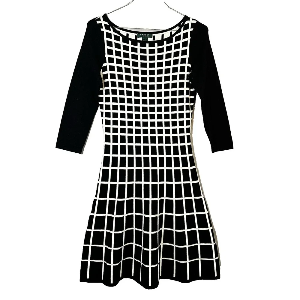 Lauren Ralph Lauren Black White Grid Checked Knit Sweater Dress S‎